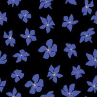 Periwinkle plants seamless pattern. Vector ornament of Vinca minor flowers. Botanical design in cartoon style.
