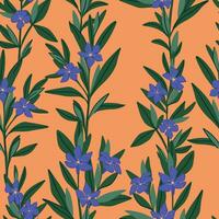 Periwinkle plants seamless pattern. Vector ornament of Vinca minor flowers. Botanical design in cartoon style.