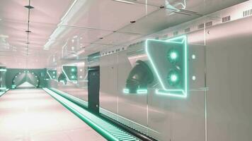 A futuristic hallway illuminated by a vibrant neon green light video