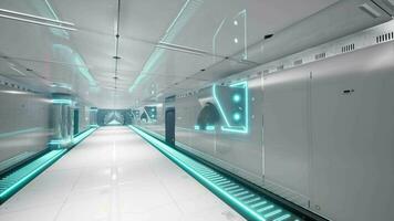 une futuriste laboratoire couloir avec illuminé verre des murs video