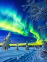 ai generado el Aurora en el cielo luces arriba, cubierto en un hermosa extensión de espumoso nieve con real oscuro verde arboles foto