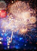 AI generated Bokeh abstract background on New Year's Eve with beautiful fireworks explosion photo