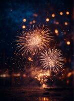 AI generated Bokeh abstract background on New Year's Eve with beautiful fireworks explosion photo