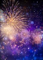 AI generated Bokeh abstract background on New Year's Eve with beautiful fireworks explosion photo