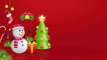 Christmas element animation, 3d vector. Snowman dancing accompanied by Christmas tree, leaves, gift box and bells. Suitable for winter gift and holiday shopping concept video