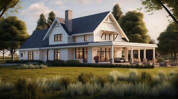 AI generated modern farmhouse on meadow photo