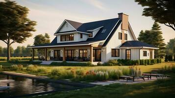 AI generated modern farmhouse on meadow photo