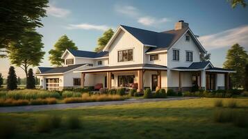 AI generated modern farmhouse on meadow photo