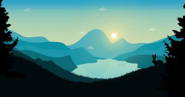 a river running through a forest with mountains in the background vector