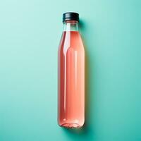 AI generated Glass bottle of water on the table, pastel isolated background - AI generated image photo