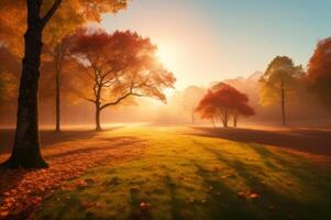 Drawing in pastel colors a natural landscape of the autumn forest in a fog scene with trees in imaginary colors like a dream. photo