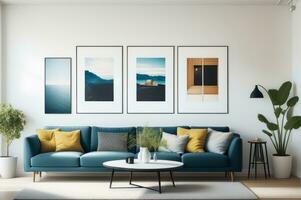 Stylish Living Room Interior with Mockup Frame Poster, Modern interior design. AI Generated photo