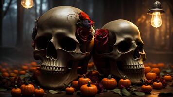 scary halloween skull decorated with many flowers. photo