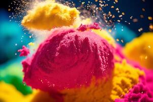 abstract colorful particles and sprinkle powder explosion for holiday celebration like holi festival. photo