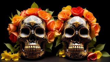 sugar skull with floral ornament on black background. AI Generated photo