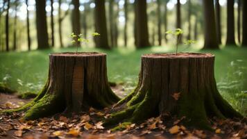 Young tree emerging from old tree stump. AI Generated photo