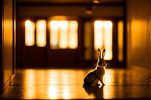 A cute bunny in a long illuminated lab hallway. AI Generated photo