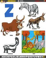 dibujos animados animal caracteres para letra z educativo conjunto vector