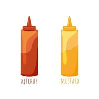 Tall bottles of ketchup and mustard with script isolated on white background. Red and yellow sauces pack. For flash cards, menu, poster. Vector illustration.