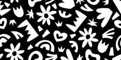 Abstract seamless pattern with black and white paper cut doodles. Retro 1970 90 collage with naive rainbow flower heart leaves elements. Scandinavian cut out monochrome background Vector illustration.