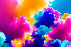 Smoke colorful clouds background banner for webpage. Paint explosion blue, pink, purple, yellow multicolor mobile backdrop. photo