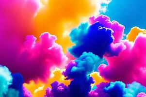 Smoke colorful clouds background banner for webpage. Paint explosion blue, pink, purple, yellow multicolor mobile backdrop. AI Generated photo