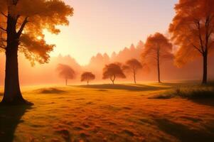 Drawing in pastel colors a natural landscape of the autumn forest in a fog scene with trees in imaginary colors like a dream. photo