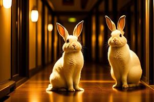 A cute bunny in a long illuminated lab hallway. AI Generated photo