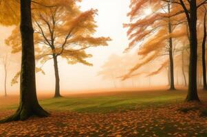 Drawing in pastel colors a natural landscape of the autumn forest in a fog scene with trees in imaginary colors like a dream. photo