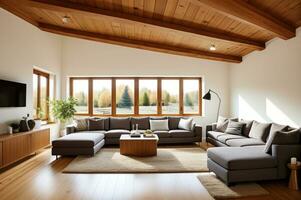 Scandinavian home interior design of modern living room in attic with lining ceiling. AI Generated photo