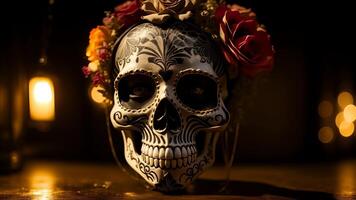 sugar skull with floral ornament on black background. AI Generated photo