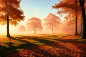Drawing in pastel colors a natural landscape of the autumn forest in a fog scene with trees in imaginary colors like a dream. photo