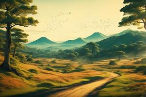 drawing wallpaper of a landscape of birds crane in the middle of the forest in Japanese vintage style. photo