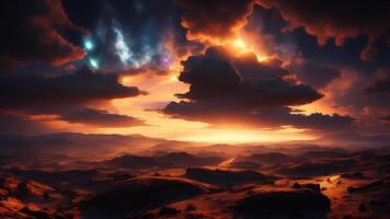 Fantasy landscape of fiery planet with glowing stars, nebulae, massive clouds and falling asteroids. photo