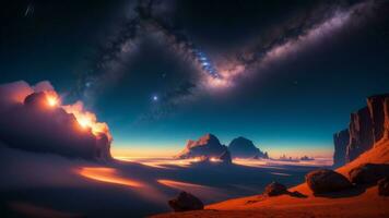 Fantasy landscape of fiery planet with glowing stars, nebulae, massive clouds and falling asteroids. AI Generated photo