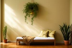 Interior background of room with beige wall and vase with green branch. AI Generated photo