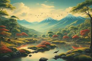 drawing wallpaper of a landscape of birds crane in the middle of the forest in Japanese vintage style. photo