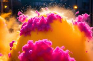 abstract colorful particles and sprinkle powder explosion for holiday celebration like holi festival. photo