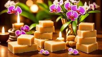 beautiful setup or orchid flowers and soap bars for cosmetics and face wash natural spa products commercial. AI Generated photo