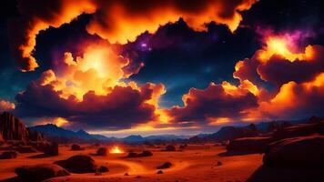 Fantasy landscape of fiery planet with glowing stars, nebulae, massive clouds and falling asteroids. photo