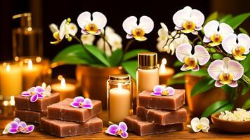 beautiful setup or orchid flowers and soap bars for cosmetics and face wash natural spa products commercial. AI Generated photo