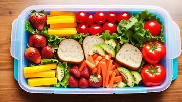 Healthy plastic school lunch box of sandwich, fruits and vegetables. photo