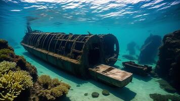 shipwreck scuba drivers through tunnel under the ocean with old sunk ship wreckage undersea life wonders documentary. AI Generated photo