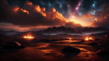 Fantasy landscape of fiery planet with glowing stars, nebulae, massive clouds and falling asteroids. AI Generated photo