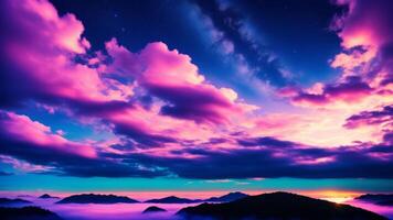 Purple gradient mystical moonlight sky with clouds and stars phone background wallpaper. photo