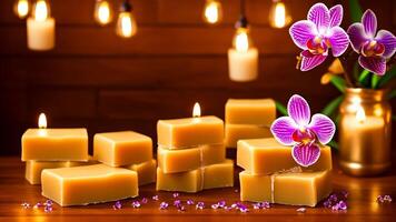 beautiful setup or orchid flowers and soap bars for cosmetics and face wash natural spa products commercial. photo