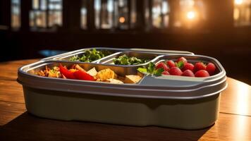 plastic organic eating lunchbox for kids or break snack time concepts. photo