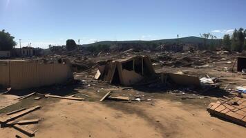 Destroyed town with collapsing structures after war. photo