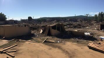 destruido pueblo con colapso estructuras después guerra. ai generado foto