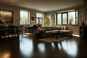 Interior design of modern apartment, living room with black stuco walls and dining room. AI Generated photo